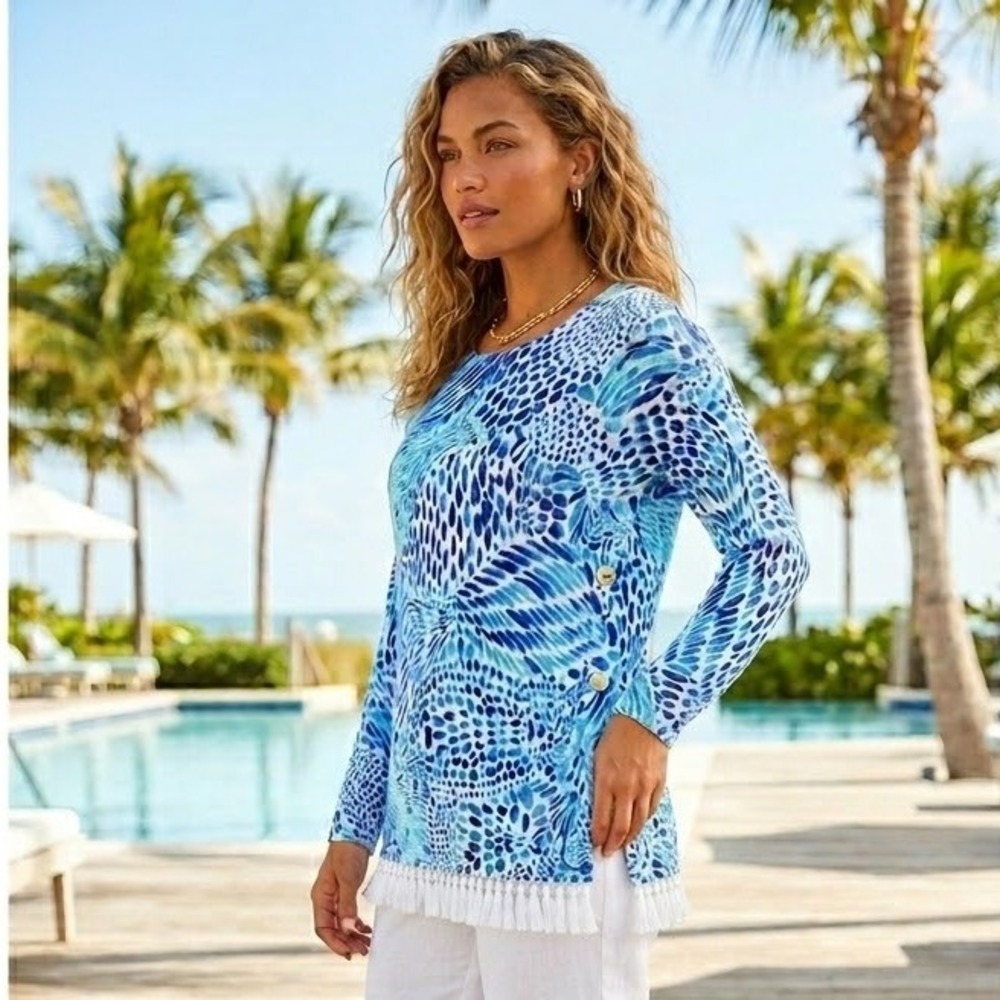 Lilly Pulitzer Ramona Sweater Blue Tang Gang Print Gold Button Fringe Hem Small